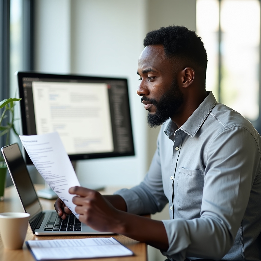Focused content writer at a clean desk studying search results on laptop with handwritten notes beside it