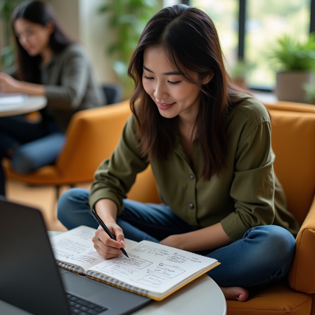 Young woman taking handwritten notes while watching a course lesson on a laptop in a bright modern coworking space